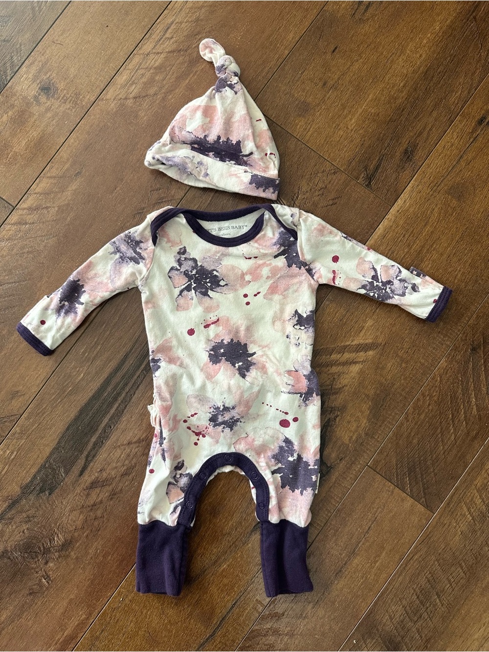 Burt’s Bees Baby Pink & Purple Floral Long-Sleeve One-Piece with Knotted Hat
